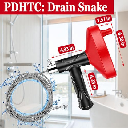 Drain Snake Auger 33 Ft, Plumbing Snake Drain Hair Clog Removal Tool, Heavy Duty Snake Auger, Sink Unclogger Drain Cleaner Tool for Bathroom Kitchen Tub Shower Drain Clog Remover with Gloves, Red