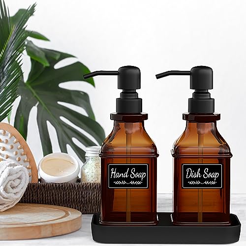 LMQML Soap Dispenser - 2 Pack, Antique Design Thick Amber Glass Hand Soap Dispensers with Sturdy Tray; 304 Rust Proof Stainless Steel Black Pump, 12Pcs Stickers, for Kitchen, Bathroom- Black - color: Brushed-black