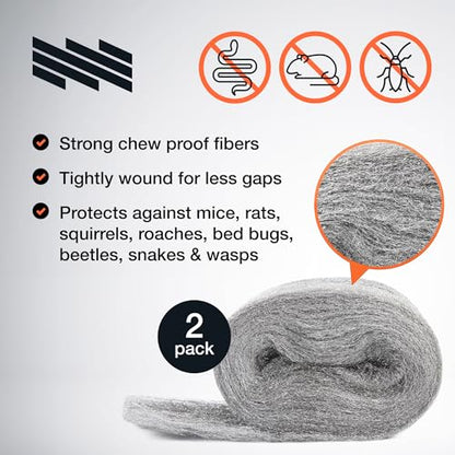 Steel Wool Mice Control 2-pc, Mouse Hole Filler, MaPorch | 15ft Total - Sharp, Strong & Expanding - Fits All Gaps - Block Rats, Rodents, Bugs & Squirrels - size: 2-Pack
