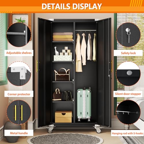 Broom Closet Storage Cabinet, Metal Cleaning Cabinets with Hanging Rod and S-Hooks, Lockable Tool Cabinets, Utility Cabinet for Garden, Office, Laundry Room, Black - color: Black