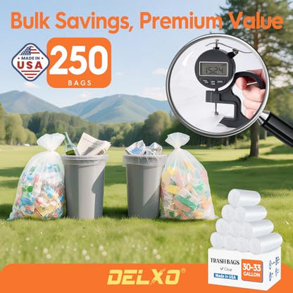 DELXO 30-33 Gallon Trash Bags, 250 Count Light to Medium Large Clear Garbage Bags, Thick Durable and Puncture-Resistant Plastic Bags for Kitchens, Yards & Offices, Made in USA - color: 33Gal-250Ct(Clear)