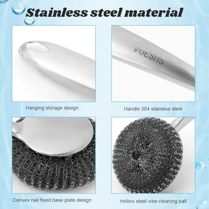 5Pcs Stainless Steel Wool Scrubber Sets, with Long & Short Handle & 3Pcs Detachable Pads, Metal Pot Scrubbers for Cleaning Dishes Iron Pots Stoves