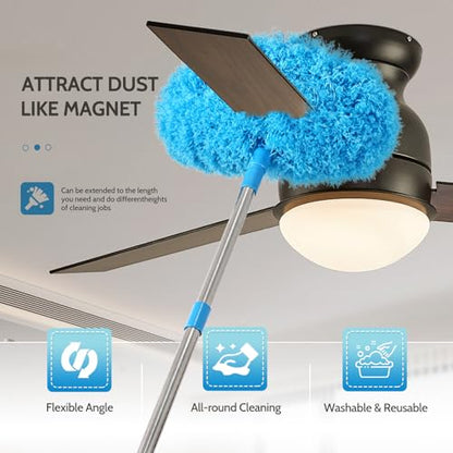 Ceiling Fan Cleaner Duster Reusable Microfiber Removable Duster with Extension Pole Adjusts 12 to 71 Inch for Cleaning Walls Bookshelves Furniture Door Window Top (Blue) - size: 12-71inch-7pcs