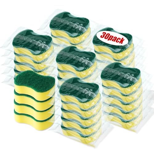 Tanlade 30 Pcs Individually Wrapped Sponges Kitchen Bulk Non Scratch Scouring Sponges for Dishes Household Cleaning Travel Apartments Hotel Car - color: Yellow Green