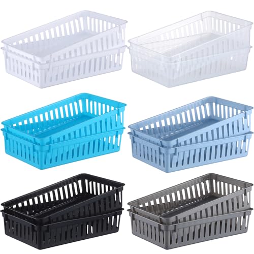 Wenqik Set of 12 Small Plastic Baskets for Organizing 10.24 x 6.5 x 2.36 Inch Pharmacy Baskets Rectangular Trays Plastic Organizer for Office Pharmacy Dorm Kitchens, Closets Shelves(Multi Color) - color: Multi Color