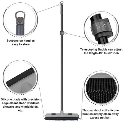 Pet Hair Removal Rubber Broom with Squeegee, Carpet Rake for Pet Hair with 59" Telescoping Long Handle, Fur Remover Rake for Carpet, Hardwood Floor, Tile - color: Gray Rubber Broom