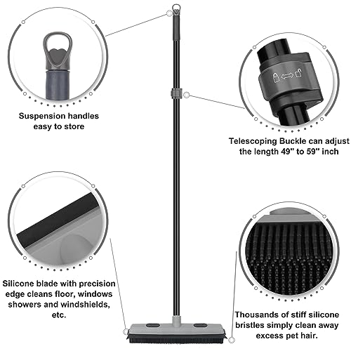 Pet Hair Removal Rubber Broom with Squeegee, Carpet Rake for Pet Hair with 59" Telescoping Long Handle, Fur Remover Rake for Carpet, Hardwood Floor, Tile - color: Gray Rubber Broom