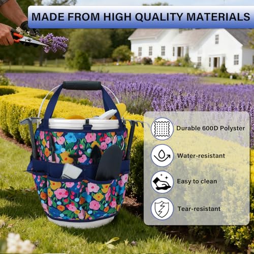 KUNN 18-Pocket Bucket Tool Organizer | Heavy-Duty 5 Gallon Bucket Caddy with Hangable Handle | Gardening Tool Bag & Garden Caddy Accessory for Gardeners, Blue - style: Blue Bloom