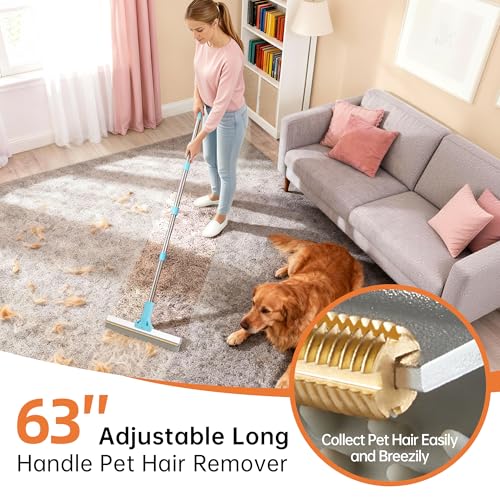 Carpet Rake for Pet Hair Removal Tool, 2 in 1 TPU and Copper Rake Teeth Uproot Clean Hair Remover with 63’’ Adjustable Long Handle,Cat & Dog for Carpets,Rugs, Mats (63’’ Long Handle+1 Short Handle) - size: 63in-2pcs-Rake