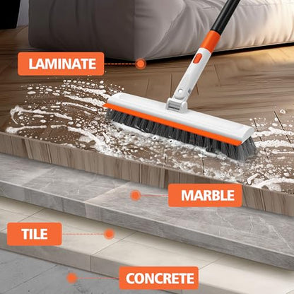 NEWE Floor Scrub Brush with Long Handle, 2 in 1 Stiff Bristles Scrubber Mop with Squeegee for Cleaning Deck Tile Tub Garage Patio Wall Sink Bathroom Kitchen
