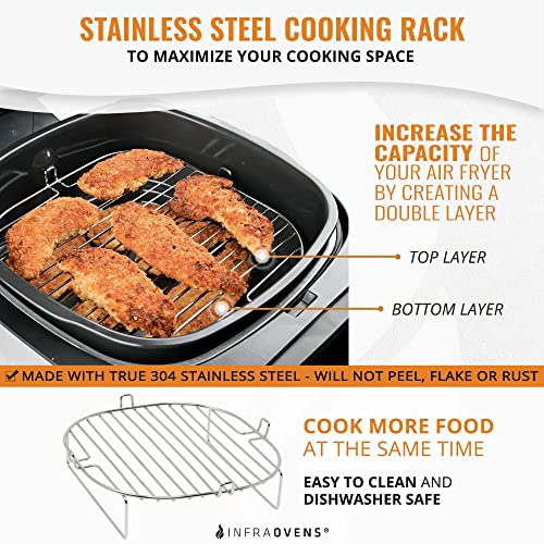 Air Fryer Accessories Set with Stainless Steel Rack and Wire Brush, Air Frying Cheat Sheet Guides, Reusable Liners, Compatible with Ninja Foodi, Nuwave® Brio, Power and More - size: Large