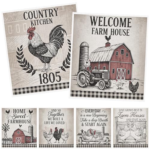 Reusable Swedish Dishcloths for Kitchen, 6PCS Farm House Cellulose Sponge Paper Towels Washable, Country Absorbent Fast Drying Swedish Dish Cloth for Home Cleaning - style: Farmhouse