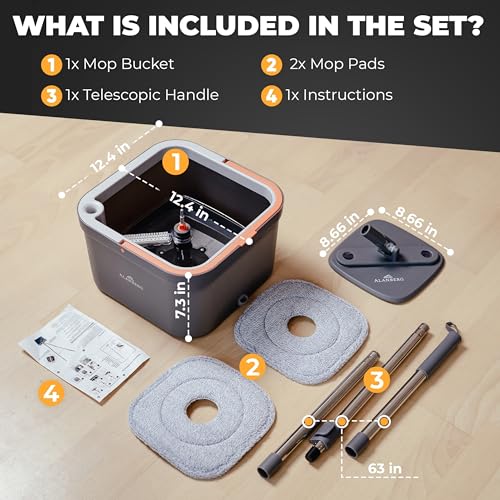 Spin Mop and Bucket Set with Wringer – Dual-Chamber Self Wringing Mop, Flat Microfiber Mop for Hardwood, Tile & Vinyl Floors, 2 Washable Replacement Heads, 63" Handle, Gray - color: Gray