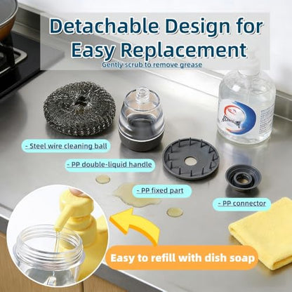 2-in-1 Soap Dispensing Dish Brush Set, with 6 Heads & Tray | PET soft for non-stick; steel wool for cast iron. Upgraded seal reduces leaks. 6 heads + drip tray