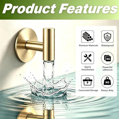 Gold Stainless Steel Wall Hooks, Heavy Duty Self-Adhesive Hooks for Coats, Towels, Robes, Hats, Aprons – No Drill Bathroom, Kitchen, Hotel (2 Pack) - color: Gold, size: Adhesive "T" Shape- 2 Pack