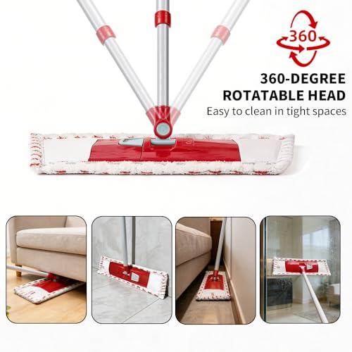 Microfiber Flat Mop for Floor Cleaning, 360° Rotating Hardwood Mop with 2 Reusable Washable Pads, Wet Dry Dust Mop with Coated Iron Handle, Lazy Cleaning Tool for Baseboard Wall Wood Tile Floors