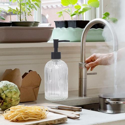 Clear Glass Soap Dispenser with Pump, 2 Pack 13.5oz Bathroom Soap Dispenser with Vertical Stripe for Hand Wash and Dish Wash, Elegant Refillable Hand Dispenser for Dishwashing Liquid, Lotion - color: Clear