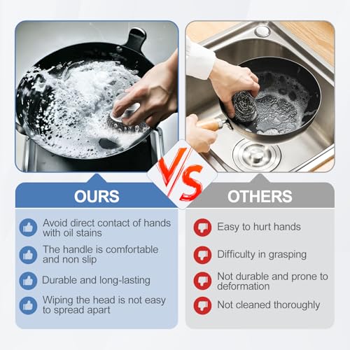 10Pcs Steel Wool Scrubber, Steel Wool Pads with 2Pcs Handle, Stainless Steel Scrubber for Dishes, Kitchen, Cleaning, Stoves, Pots and Pans, Grill, Wash Sink, Cleaning Dishes