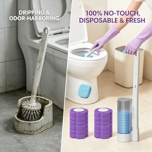 All-in-One Toilet Cleaning Kit - Disposable Toilet Brush with 18 Refills, 12 Extended Cleaning Gloves &12 Deep Clean Tablets - No Touch Bathroom Wand, Zero-Touch Cleaning System for Home & Apartment