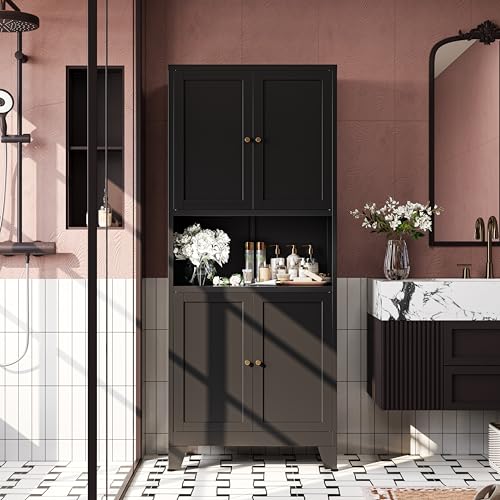 69"H Metal Storage Cabinet with Doors and Shelves,Tall Black Cabinets,Bathroom Storage Cabinet,Large Cabinets with Glass Doors and Adjustable Shelves,Cabinet for Bathroom, Living Room, Dining Room - color: Black, size: 69“H