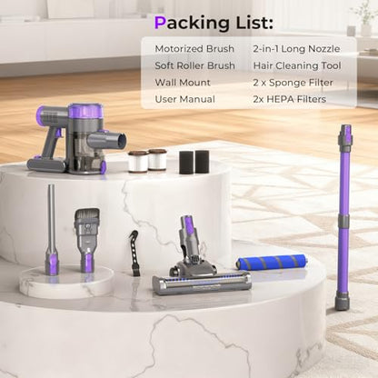 Cordless Vacuum Cleaner, 450W 45KPa Powerful Suction Stick Vacuum, Up to 50-Min Runtime, Self-Standing Pet Hair Cleaner for Home, Hard Floor & Carpet with Anti-Tangle Brush, Brushless Motor