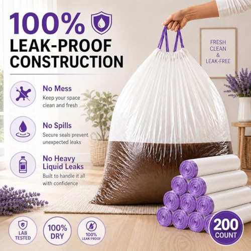 13 Gallon Tall Kitchen Trash Bags, 200 Count Lavender Scented | Drawstring Closure Odor Control Leak Resistant Tear Resistant Easy Tie Handles