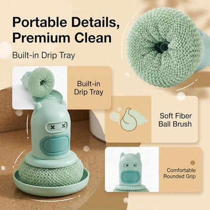 Refillable Soap Dispensing Dish Brush, Palm Grip Kitchen Scrubber, Push-Button Soap Dispenser, Heavy-Duty for Dishes Pots Pans Nonstick Cookware, BPA-Free Food-Safe Kitchen Cleaner (Green)