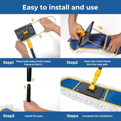 24" Dust Mop for Floor Cleaning, Large Areas Dry & Wet Mop with 2 Washable Cotton Pads, Efficiently Picks Up Pet Hair & Dust for Hardwood, Tile, Laminate, Patio