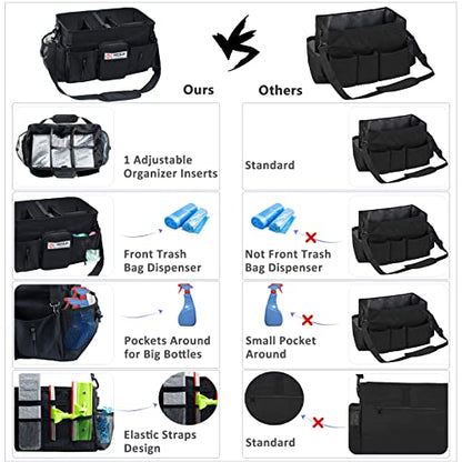 Large Cleaning Supplies Organizer-Cleaning Caddy Organizer With Handles & Shoulder Strap-Cleaning Bags for Cleaning Suppliers-Housekeepers Wearable Cleaning Tote Upgraded - color: Black