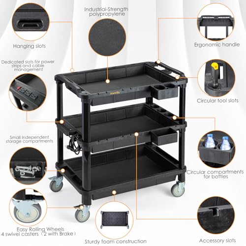 ELAFROS Multi-Use Rolling Cart with Power Strip – Industrial-Grade Plastic Utility Cart with 3 Deep Plastic Shelves, 500 lbs Capacity, 32.4"x18.3", Work cart, Black - style: With Power Strip