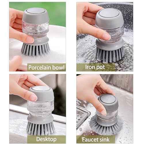 Soap Dispenser Dish Brush, Palm Brush Scrub Brush, with Storage Bracket and Drainage Base, Gray