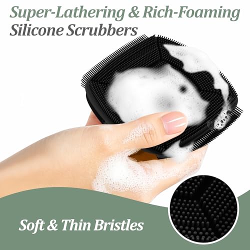Silicone Back/Body/Face Scrubber & Lymphatic Contour Face Brush Set 4PCS, 13.4'' Soft Back Scrubber, 360° Anti-Slip Bath Glove, Unique Side-bristled Face Scrubber for All-Round Cleaning(Black) - color: Black*4