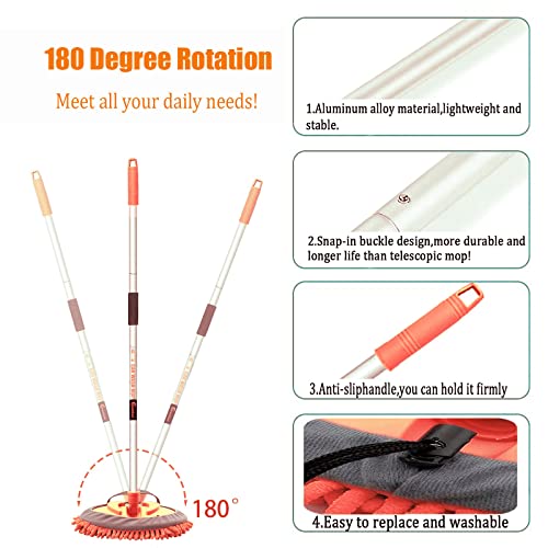 62" Car Wash Brush Mop Kit with Long Handle, 2 in 1 Chenille Microfiber Sponge Mitt Cleaning Detailing Duster for Washing Cars Truck SUV RV Caravans and Household(2 x Mop Head) (Orange) - color: Orange