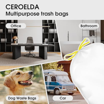 CEROELDA 1.6 Gallon Small Trash Bags, 60 Count Mini Drawstring Garbage Bags Unscented fit 4.5-8 Liter, 1.2-2 Gallon Thick Plastic Wastebasket Liners for Bathroom Bedroom Office Toilet - size: 60 Count
