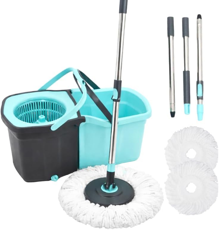 Spin Mop and Bucket System for Floor Cleaning - 360° Rotating Mop with Detachable Bucket - 2 Machine Washable Microfiber Heads - Stainless Steel Handle for Hardwood, Tile, and Laminate