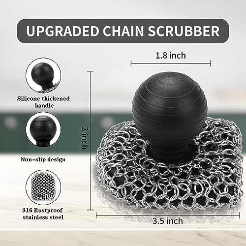 Cast Iron Scrubber with Pan Scraper, 316 Chainmail Scrubber, Upgraded Chain Mail Scrubber Sponge, Cast Iron Cleaner for Pan Skillet Wok Carbon Steel, Dutch Oven Metal Brush Cleaning Kit, Black - color: Black