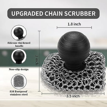 Cast Iron Scrubber with Pan Scraper, 316 Chainmail Scrubber, Upgraded Chain Mail Scrubber Sponge, Cast Iron Cleaner for Pan Skillet Wok Carbon Steel, Dutch Oven Metal Brush Cleaning Kit, Black - color: Black