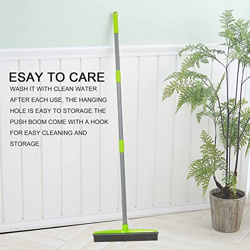 Push Broom Pet Hair Removal Broom with Squeegee,Soft Silicone Bristle Broom with Long Handle, Non Scratch Carpet Sweeper Brush for Cat/Dog Hair Hardwood Tile Windows(Green) - color: Green