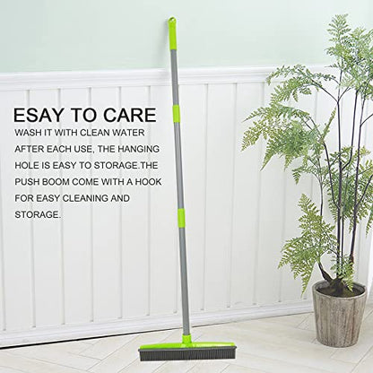 Push Broom Pet Hair Removal Broom with Squeegee,Soft Silicone Bristle Broom with Long Handle, Non Scratch Carpet Sweeper Brush for Cat/Dog Hair Hardwood Tile Windows(Green) - color: Green