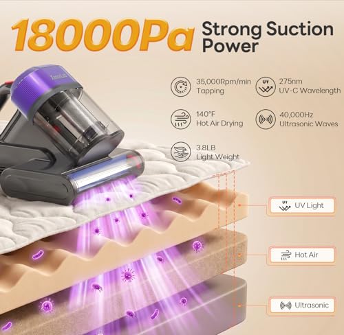 Mattress Vacuum Cleaner, 18000Pa Bed Vacuum Cleaner, 275nm UV-C Light & Ultrasonic 140°F Heat with High-Speed Deep Tapping, Versatile Handheld Vacuum for Bed, Sofa, Couch, Crib（Corded）