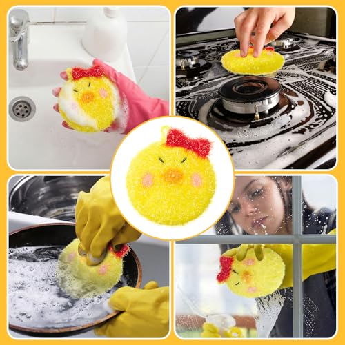 Breling 6 Pieces Chick Shape Dish Sponge Dual Sided Non Scratch Dish Washing Scrubbers, Reusable Household Cleaning Kitchen Tools for Dishwashing Washing Dishes Cookware - style: Chicken