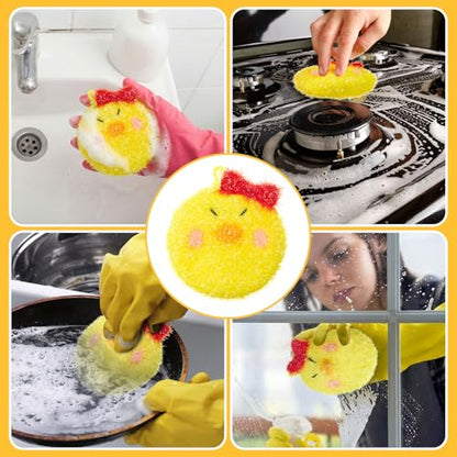 Breling 6 Pieces Chick Shape Dish Sponge Dual Sided Non Scratch Dish Washing Scrubbers, Reusable Household Cleaning Kitchen Tools for Dishwashing Washing Dishes Cookware - style: Chicken