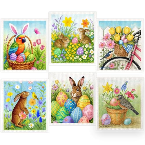 Easter Eggs Bunny Swedish Dishcloths Reusable Absorbent Towels Ideal for Kitchens, Bathrooms, and Countertop Cleaning Cellulose Sponge Cloths for Kitchen Bathroom Office6pack 7x8 inch