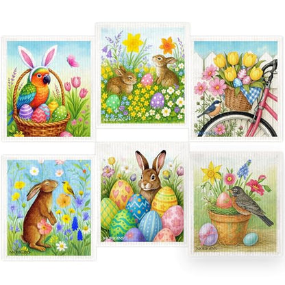 Easter Eggs Bunny Swedish Dishcloths Reusable Absorbent Towels Ideal for Kitchens, Bathrooms, and Countertop Cleaning Cellulose Sponge Cloths for Kitchen Bathroom Office6pack 7x8 inch