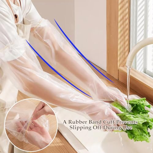WAYUTO 50pcs Disposable Long Arm Gloves with Elastic Cuff 23.6inch Household Cleaning Thick Kitchen Dish Washing Gloves Food Handling Vegetable Washing
