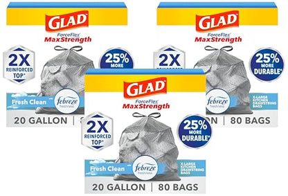 Glad ForceFlex MaxStrength Kitchen Trash Bags, 20 Gal, Fresh Clean Febreze, 80 Ct (Package May Vary) (Pack of 3) - size: 80 Count (Pack of 3)