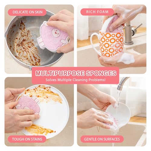 4-Pack AntoKueh Cellulose Compressed Sponges - Cute Cartoon Shapes, Natural Kitchen Sponges for Cleaning, Eco-Friendly&Reusable, Odor-Free