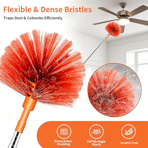 Cobweb Duster with Extension Pole, Upgraded Heavy Duty Thickened Stainless Steel Telescopic Handle for High Ceilings & Ceiling Fans, 90" Total Reach (15.7" Compact), Medium Stiff Bristles (Orange) - color: Orange