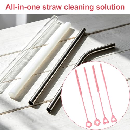 Penitue 4pcs Silicone Straw Cleaner Brush, 6mm/0.24in + 9mm/0.35in Reusable Extra-Long Cleaning Brush for 8mm/0.31in and 10mm/0.39in Metal & Glass Drinking Straws Dishwasher Safe (Pink, Star & Heart)