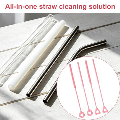 Penitue 4pcs Silicone Straw Cleaner Brush, 6mm/0.24in + 9mm/0.35in Reusable Extra-Long Cleaning Brush for 8mm/0.31in and 10mm/0.39in Metal & Glass Drinking Straws Dishwasher Safe (Pink, Star & Heart)